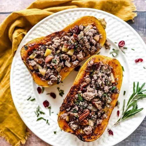 Butternut squash stuffed with ground turkey and quinoa