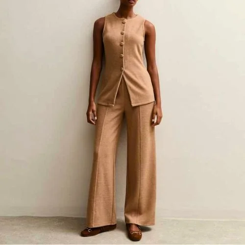Pair camel wide-leg trousers